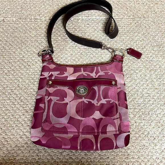 Vintage Coach Purple With Black Leather Logo Print Crossbody Bag 10.5” by 10.5” - Picture 1 of 7